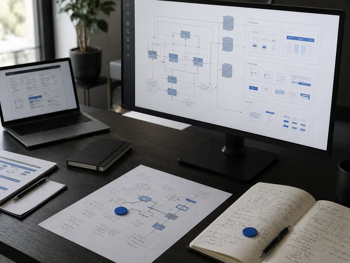 Architettura operativa visualizzata su monitor con mappe e notebook.